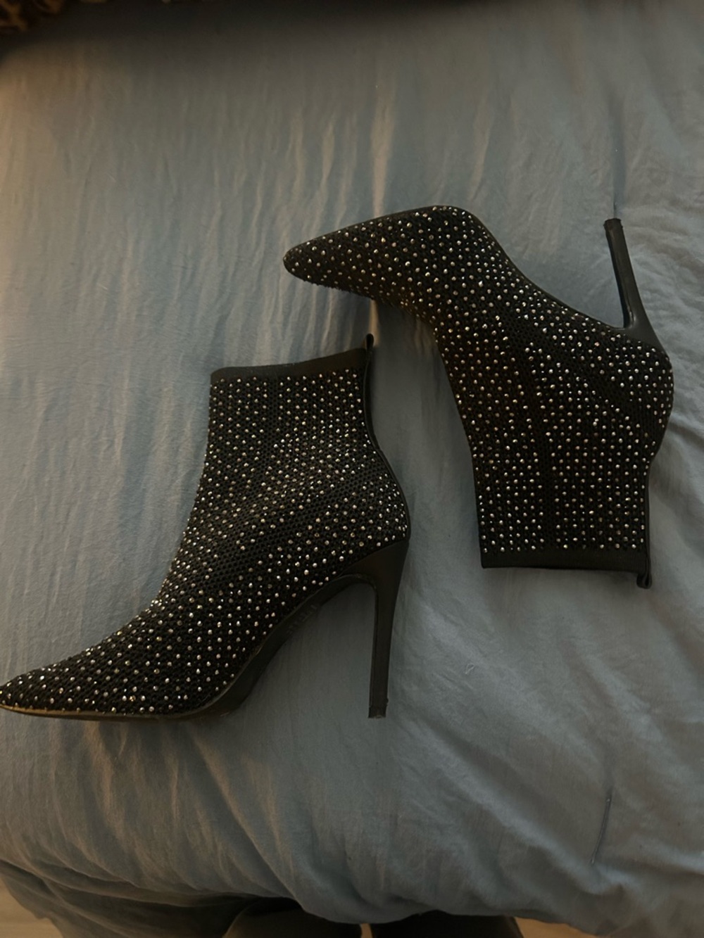 Black Rhinestone Pointed-Toe Stiletto Ankle Boots